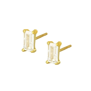 Close-up of S925 silver needle gold earrings featuring rectangle-cut cubic zirconia stones