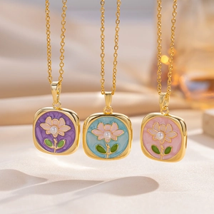Floral Enamel Square Pendant Necklace For Women Elegant Titanium Steel Chain Copper Flower Jewelry With Faux Artificial Pearl