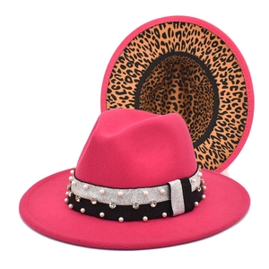 Rose red fedora featuring pearl rhinestone band and leopard print underbrim detail