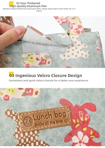 Detail of insulated lunch bag showing thick aluminum foil lining and floral rabbit print