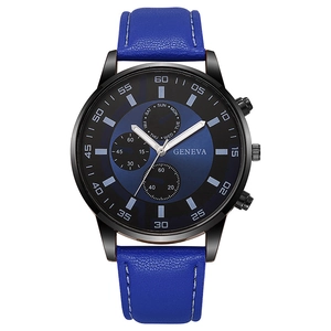 Macro view of blue litchi leather strap and black matte watch case with Geneva dial