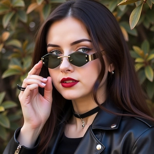 Rimless Hexagonal Sunglasses Metal Temples UV400 Protection Diamond Cut Edge Geometric Fashion Eyewear For Women Men