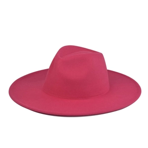 Detail of the rose red wool fedora hat featuring a wide brim and elegant metal chain trim