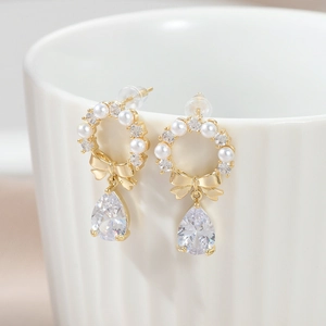 Elegant gold bow earrings with white pearl and water-drop crystal pendant for women