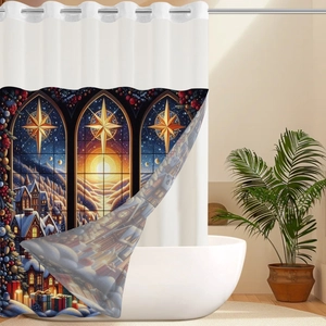 Detail of waterproof Christmas shower curtain featuring rustproof metal eyelets and snow scene