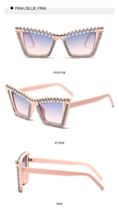 Three views of pink cat eye sunglasses with rhinestones and pearl embellishments