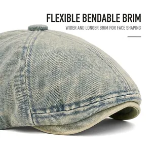 Light blue washed denim beret with wide foldable brim and vintage stitching details