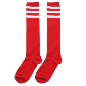 Vibrant red knee-high socks featuring classic triple white stripes in preppy JK style