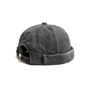 Vintage dark grey washed cotton brimless docker cap with adjustable metal buckle strap