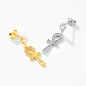 Minimalist S925 sterling silver Ankh cross stud earrings with zircon in gold and silver