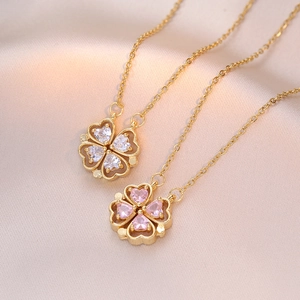 Magnetic Folding Clover Heart Pendant Necklace Titanium Steel Zircon Inlaid Gold Plated Jewelry For Women Elegant