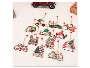 Flat lay of 12 festive wooden Christmas ornaments featuring Santa and Merry Christmas text