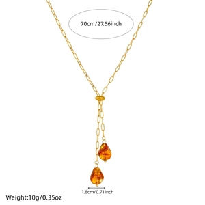 Retro gold stainless steel necklace with brown amber water drop fringe pendants