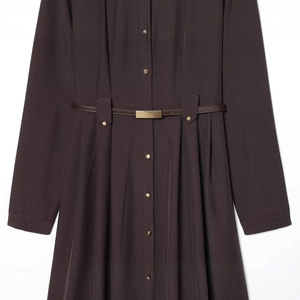 Dark brown long-sleeve midi shirt dress with gold buttons and matching waist belt