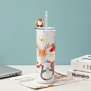 Detailed Christmas tumbler featuring Santa, reindeer patterns, and 3D Santa straw topper