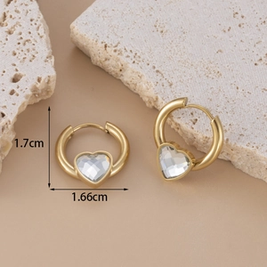 French luxury heart-shaped rhinestone earrings in gold stainless steel finish