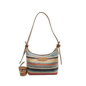 Colorful striped woven shoulder bag with brown leather strap on a white background