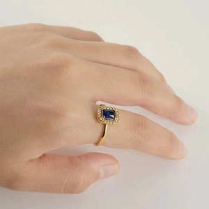 Bague double couche en acier inoxydable doré 18K avec pierre rectangulaire bleue