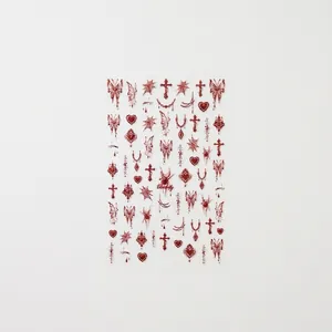 Gothic 3D embossed nail stickers featuring red butterflies, hearts, and cross patterns