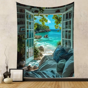 Detailed 3D tapestry showing an open window view of a calm blue ocean and a cozy study room