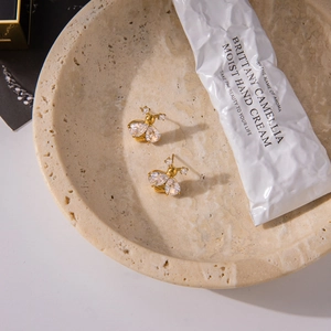 Classic 18K gold plated stainless steel bee earrings with sparkling white zircon stones