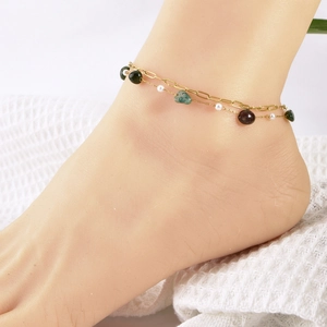 Bracelet de cheville bohème doré double couche avec pierres naturelles et perles blanches