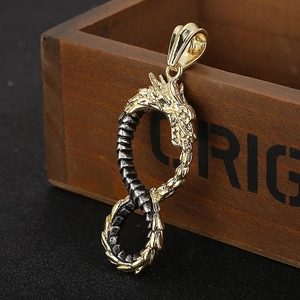 Vintage gold and black Viking dragon pendant in infinity symbol shape for men