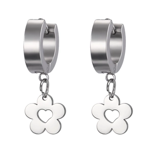 Minimalist silver stainless steel flower drop earrings with heart cutout design for women