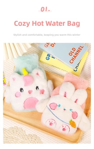 Close-up of cute plush hot water bottles with unicorn and rabbit embroidery designs