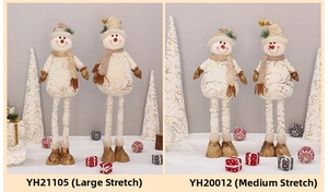 Detail of telescopic Christmas snowman dolls with gold foil patterns and knitted scarves