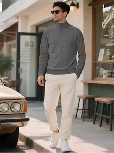 Dark grey men's waffle knit sweater with vintage elbow patches and buttoned stand collar