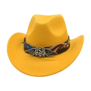 Detail of bright yellow western cowboy hat featuring USA eagle crest and flag accents