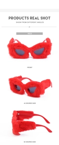 Three-angle views of red fuzzy cat eye sunglasses with soft plush texture details