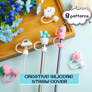Set of 8 creative silicone straw covers in cute cloud, rainbow and cactus shapes