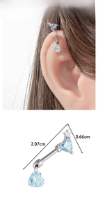 Detail showing dimensions of blue heart and star barbell ear piercing in silver