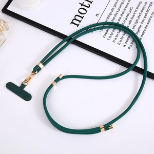 Cordino per cellulare in nylon verde regolabile con ganci in metallo dorato su bianco