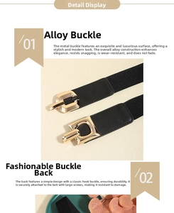 Detail of black elastic belt featuring a golden alloy buckle with hook closure