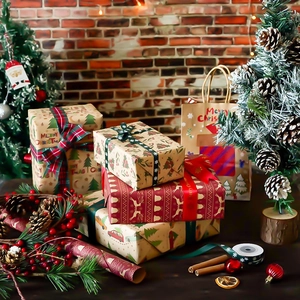 Vintage Christmas kraft wrapping paper set with ribbons and matching festive gift bags