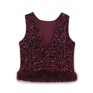 Women's wine red sequin V-neck top with faux fur hem and matching pants party set