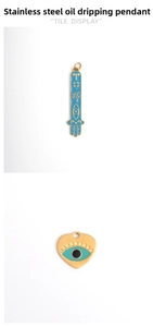 Detail of stainless steel Hamsa hand and heart charms with colorful enamel evil eye designs