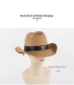 Detailed texture of straw cowboy hat featuring dark leather band and golden bull head ornament