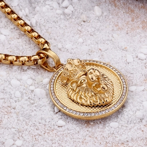 Hip hop style gold lion head pendant with crown and rhinestones on a round box chain