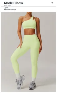 Détail de la brassière asymétrique et du legging taille haute en vert citron clair