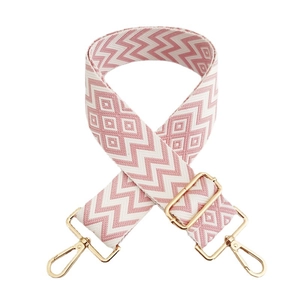 Pink and white herringbone pattern wide bag strap with golden metal buckles and adjustable length