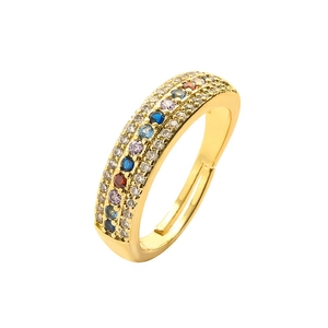Adjustable wide gold-plated open ring for women with colorful pavé-set gemstones