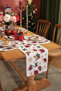 Detailed view of Christmas table runner and placemats with festive digital print