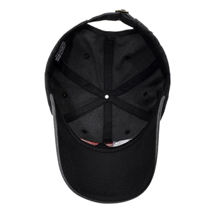 Inside view of black embroidered cotton baseball cap with adjustable metal buckle strap