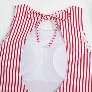 Detailed view of red and white striped bikini top with teardrop cutout and bow tie