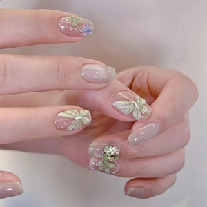 Short Ballerina Press On Nails 3D Butterfly Flower Cat Eye Glossy Fake Nails With Rhinestones Elegant Manicure For Women