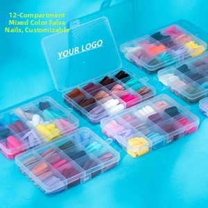 Macro detail of 12-slot organizer box with matte colorful stiletto false nail tips